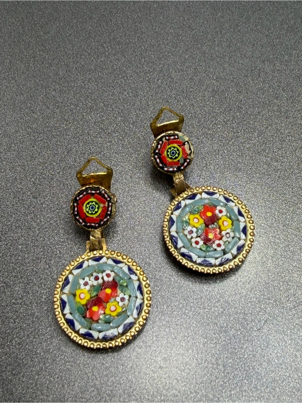 Vintage Mosaic Glass Floral Clip back Earrings
